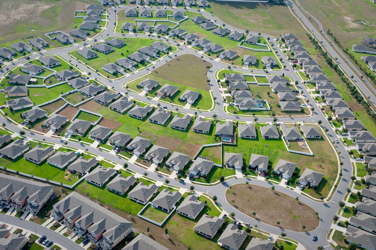 Aerial view of houses in typical home community