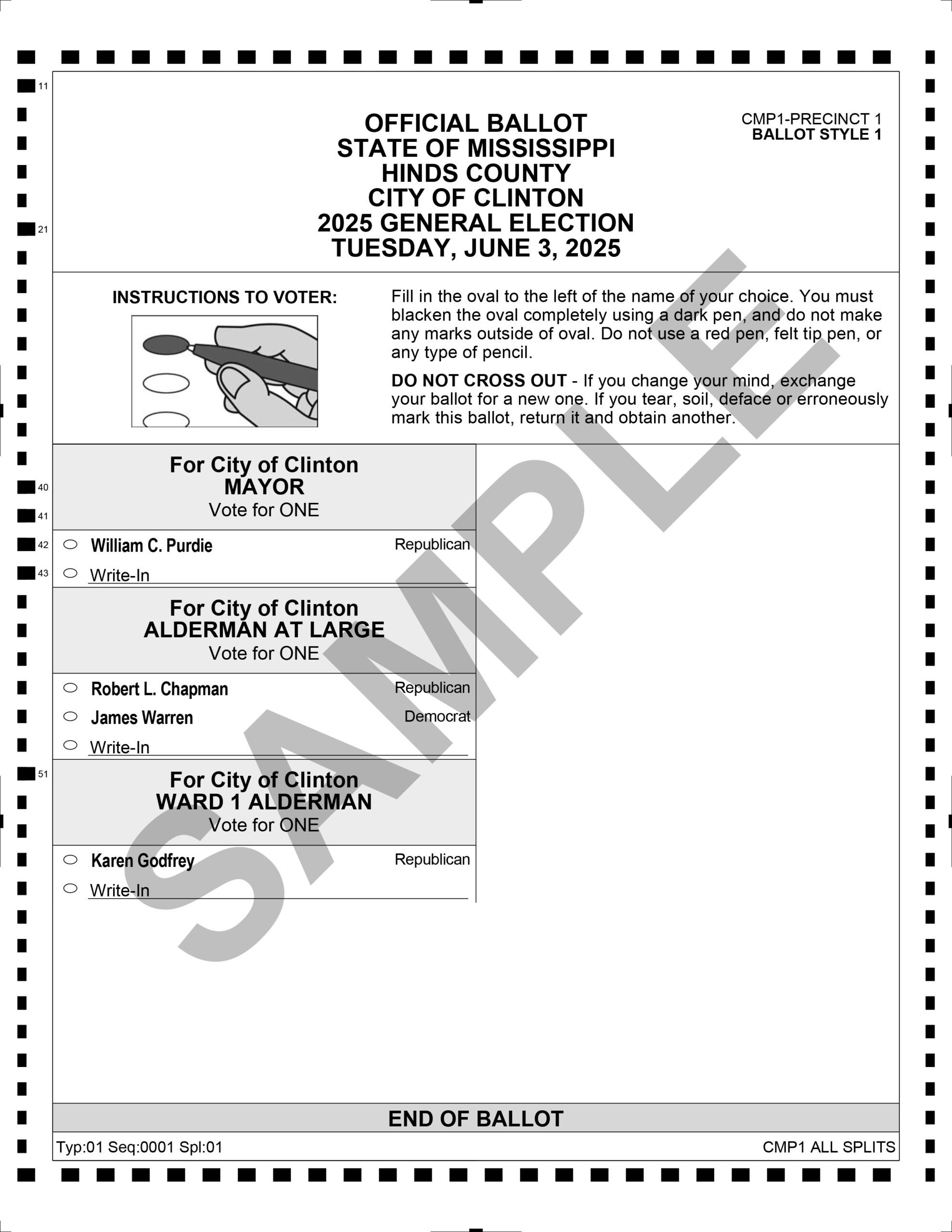 2025 General Election - Sample Ballot Ward 1