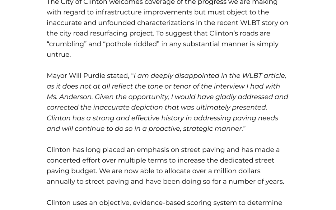 Official Statement from the City of Clinton Regarding WLBT Coverage